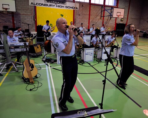 RAF ALCONBURY, United Kingdom - Members from the U.S. Air Forces in Europe band, Check Six, play for students at Alconbury High School Feb. 16. The performance is part of the annual Music in Our Schools Initiative. (U.S. Air Force photo by Tech. Sgt. John Barton)