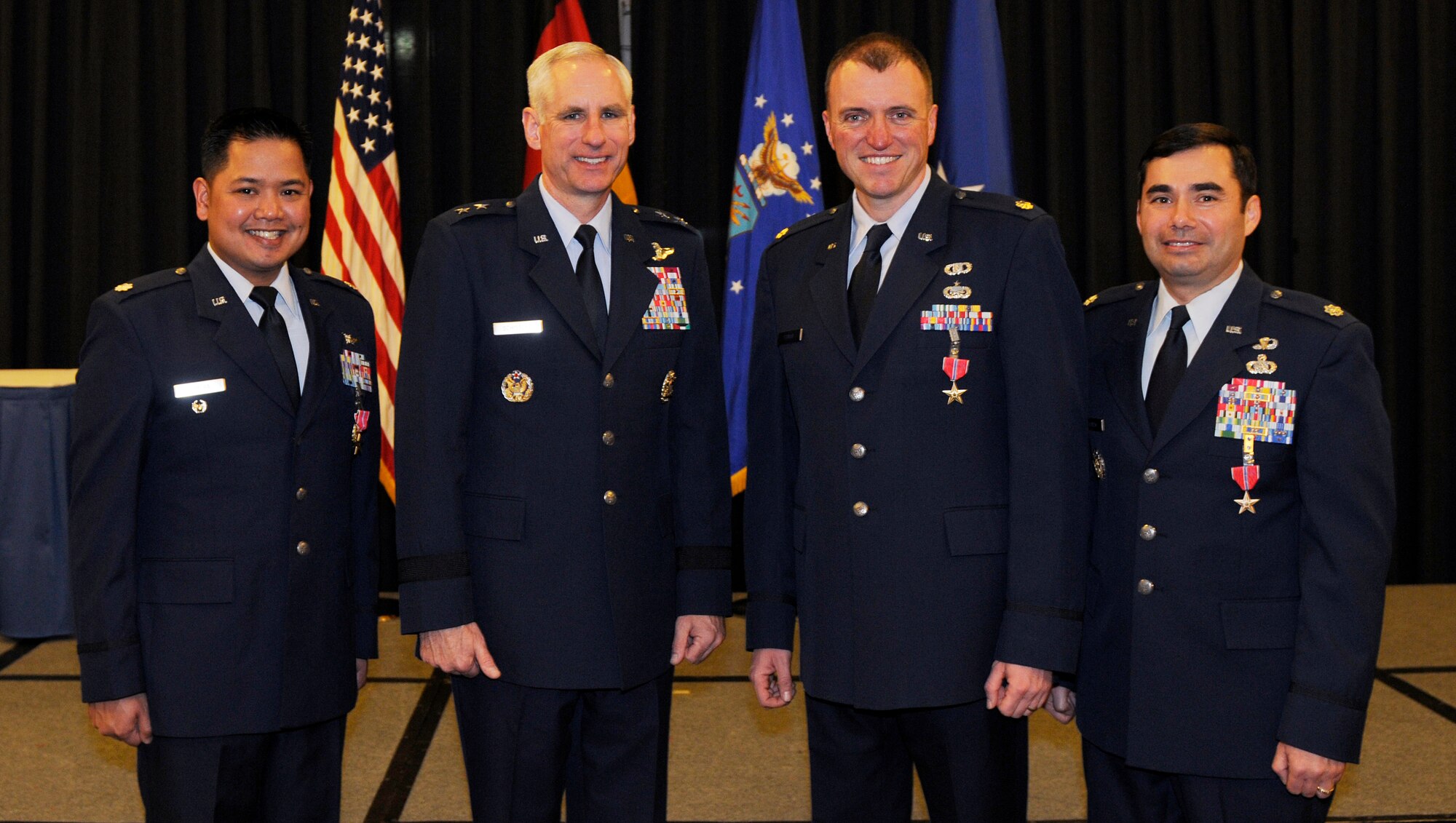 Maj. Gen. Mark Schissler, U.S. Air Forces in Europe director of the Plans, Programs and Analyses Directorate, presented the Bronze Star to three Airmen under his command here Feb. 14. The Bronze Star is awarded to a person in any branch of the military service who, while serving in any capacity with the U.S. Armed Forces on or after Dec. 7, 1941, shall have distinguished himself by heroic or meritorious achievement or service, not involving participation in aerial flight, in connection with military operations against an armed enemy. It can also be awarded for heroism while serving with friendly forces engaged in combat against an opposing military. (U.S. Air Force photo by Tech. Sgt. Sarayuth Pinthong)