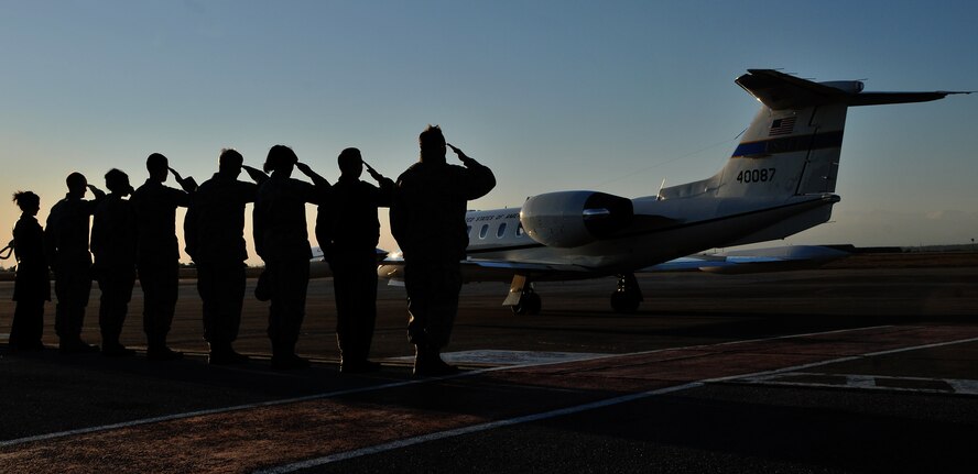 Members of 39th Air Base Wing leadership salute as Maj. Gen. Jack B. Egginton and Brig. Gen. John B. Cooper depart the base Feb. 11, 2011, at Incirlik Air Base, Turkey. General Egginton is the director of Air and Space Operations at Headquarters U.S. Air Forces in Europe, and General Cooper is the director of Logistics, Installations and Mission Support at HQ USAFE. The generals visited the base to tour the facilities and talk with Airmen about upcoming changes and how they will be affected, including their role in the new Expeditionary Combat Support System. The ECSS enhances warfighter support by transforming the way the Air Force performs its logistics business. (U.S. Air Force photo by Staff Sgt. Alex Montes/RELEASED)