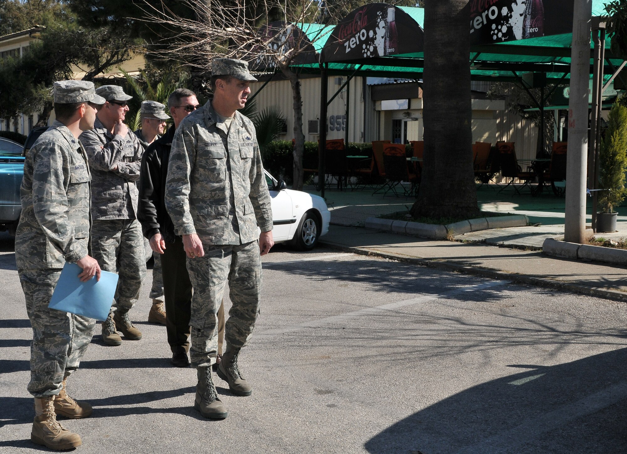 Lt. Col. Dwayne McCullion, the commander of the 39th Civil Engineer Squadron, gives Brig. Gen. John B. Cooper a tour of facilities on Incirlik Air Base, Turkey, Feb. 11, 2011. General Cooper is the director of Logistics, Installations and Mission Support at Headquarters U.S. Air Forces in Europe, and he visited the base to tour the facilities and talk with Airmen about upcoming changes and how they will be affected, including their role in the new Expeditionary Combat Support System. The ECSS enhances warfighter support by transforming the way the Air Force performs its logistics business. (U.S. Air Force photo by Staff Sgt. Alex Montes/RELEASED)
