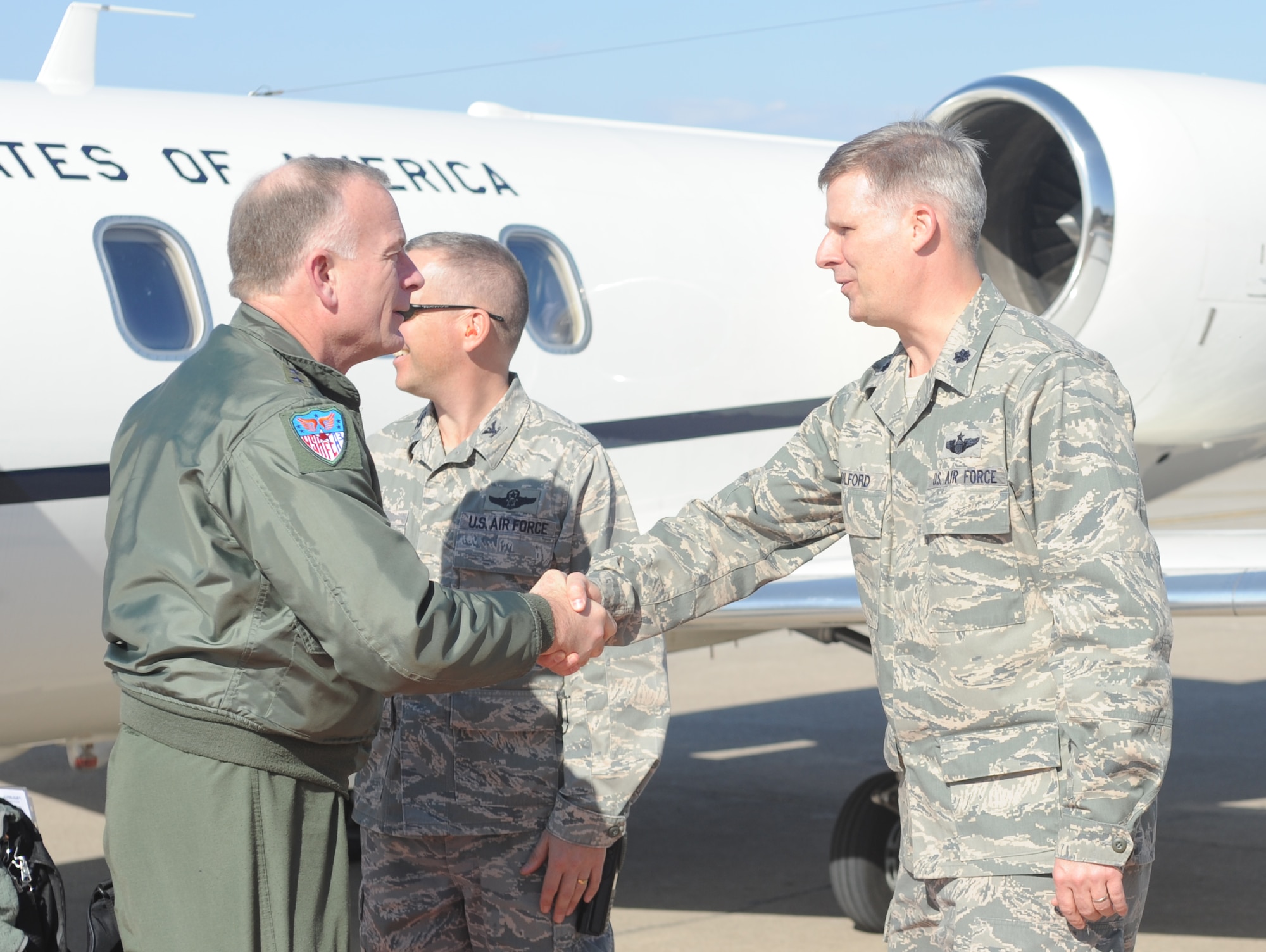 Lt. Col. Bryan Wolford, the 39th Operations Squadron commander, greets Maj. Gen. Jack B. Egginton, the director of Air and Space Operations at Headquarters U.S. Air Forces in Europe, as he arrives at Incirlik Air Base, Turkey, Feb. 10, 2011. General Egginton visited the base to tour the facilities and talk with Airmen about upcoming changes and how they will be affected, including their role in the new Expeditionary Combat Support System. The ECSS enhances warfighter support by transforming the way the Air Force performs its logistics business.(U.S. Air Force photo by Airman 1st Class Clayton Lenhardt/RELEASED)