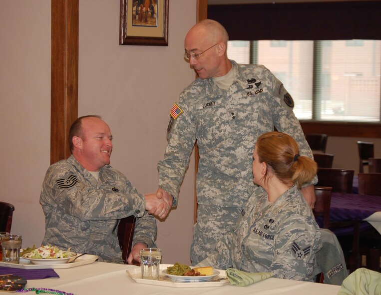 Maj. Gen. Charles Luckey, assistant to the Chairman of the Joint Chiefs of Staff for Reserve Matters, meets with the Airmen of the 916th ARW in mid-February. (USAF photo by Maj. Shannon Mann, 916ARW/PA)