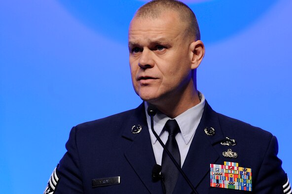 Chief Master Sgt. of the Air Force James Roy speaks Feb. 17, 2011, in Orlando, Fla., during the Air Force Association's 2011 Air Warfare Symposium and Technologies Exposition. Chief Roy spoke about building resiliency in Airmen and their families. (U.S. Air Force photo/Scott M. Ash)
