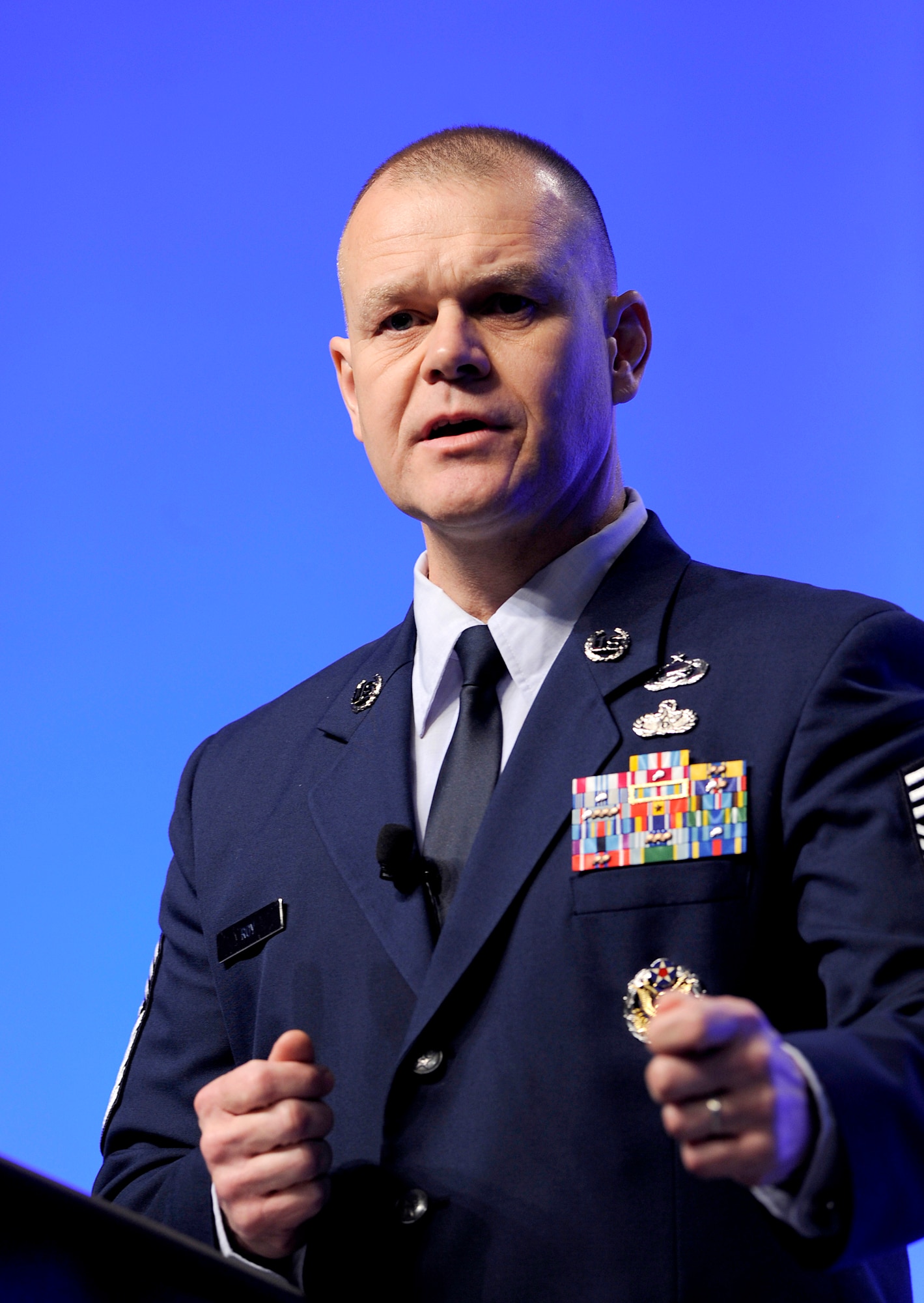 Chief Master Sgt. of the Air Force James Roy speaks Feb. 17, 2011, in Orlando, Fla., during the Air Force Association's 2011 Air Warfare Symposium and Technologies Exposition. Chief Roy spoke about building resiliency in Airmen and their families. (U.S. Air Force photo/Scott M. Ash)