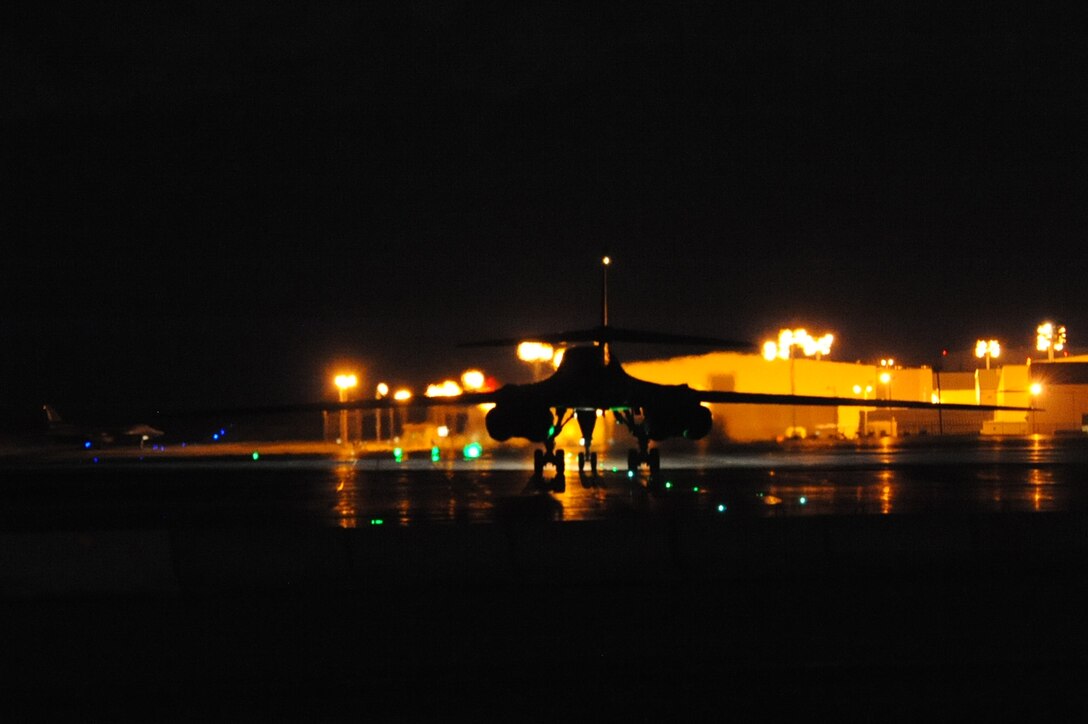 A B-1B Lancer taxis into Ellsworth Air Force Base, S.D., after flying a training mission, Feb. 17, 2010. The B-1’s speed and superior handling characteristics allow it to seamlessly integrate into a variety of environments. (U.S. Air Force photo/Senior Airman Kasey Close)