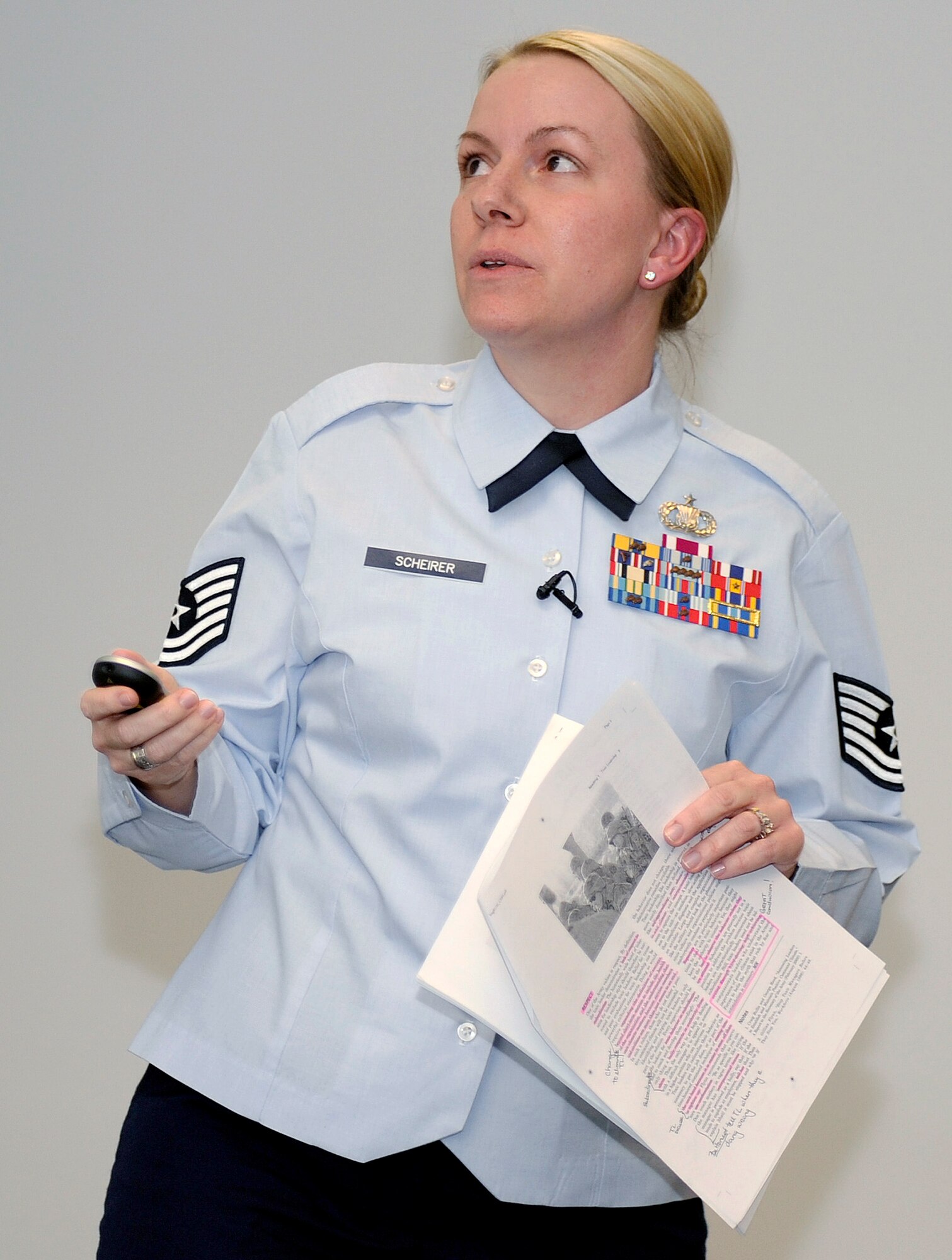 Tech. Sgt. Romney Scheirer teaches a leadership class at the Air Force Academy Jan. 31, 2011. Sergeant Scheirer, an Academy Military Training NCO, is one of few enlisted Airmen ever to have taught classes here. (U.S. Air Force photo/Johnny Wilson)