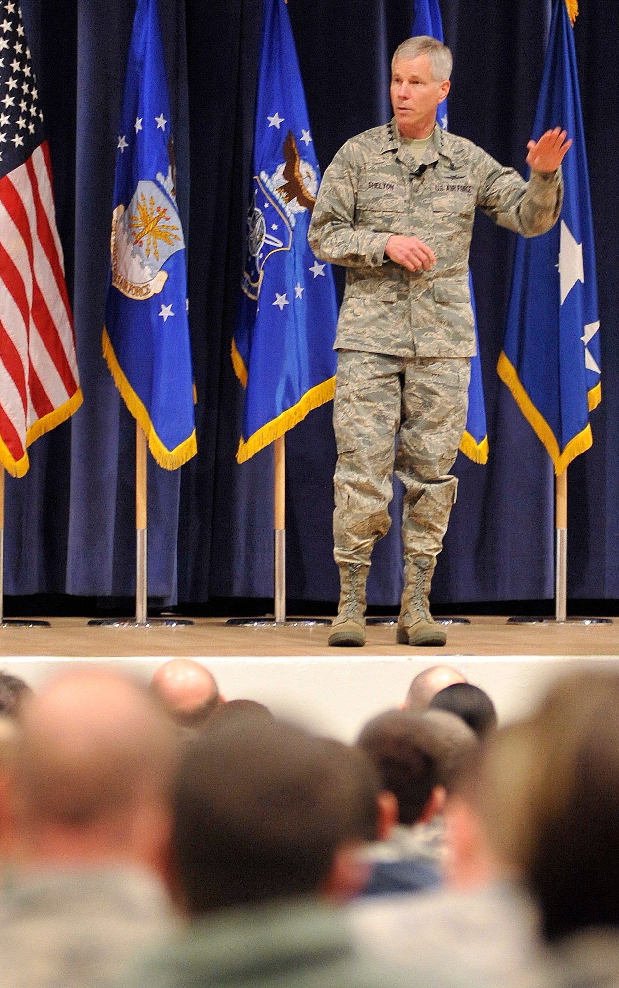 Gen. William L. Shelton, Air Force Space Command commander, outlines his priorities and expectations during a commander’s call with the 21st Space Wing Feb. 11 at the Peterson AFB auditorium. General Shelton visited various squadrons in the wing and had lunch with 20 Airmen at the Aragon Dining Facility. General Shelton assumed command of AFSPC Jan. 5. Since then, he has visited a number of wings within the command. (U.S. Air Force photo/Duncan Wood)