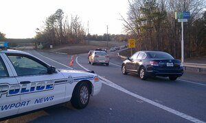 Traffic from post was re-routed from Fort Eustis Boulevard onto Warwick Boulevard in response to a suspicious package found near the main gate Monday. (Photo courtesy of WAVY-TV 10)