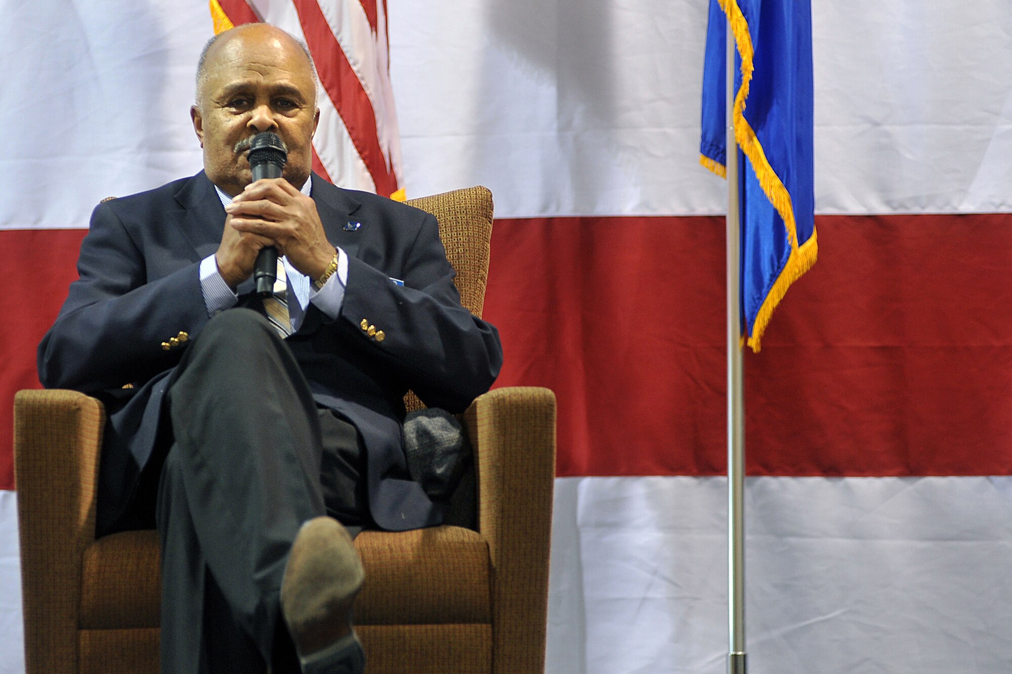 OFFUTT AIR FORCE BASE, Neb. - Former Corporal Robert Holts, an original Tuskegee Airmen, gives a speech during the Tuskegee Airmen event inside the James M. McCoy Airmen Leadership School Auditorium. U.S. Air Force Photo by Charles Haymond
