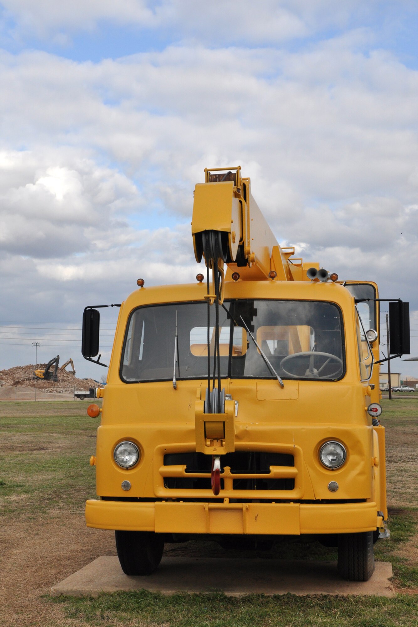 A Jet Engine Crane sits on display as part of the 8th Air Force Museum at Barksdale Air Force Base, La., Feb. 16, 2011. The crane was built by the International Harvester Corporation (IH) in the 1950s with the first generation models delivered to the U.S. Air Force in 1959. Its primary purpose was to remove and reinstall heavy jet aircraft engines and ejection seats. This particular model, the IH 190 was retired from service in 1979 and donated to the 8th Air Force Museum in 1984. (U.S. Air Force photo/Tech. Sgt. Jeff Walston)