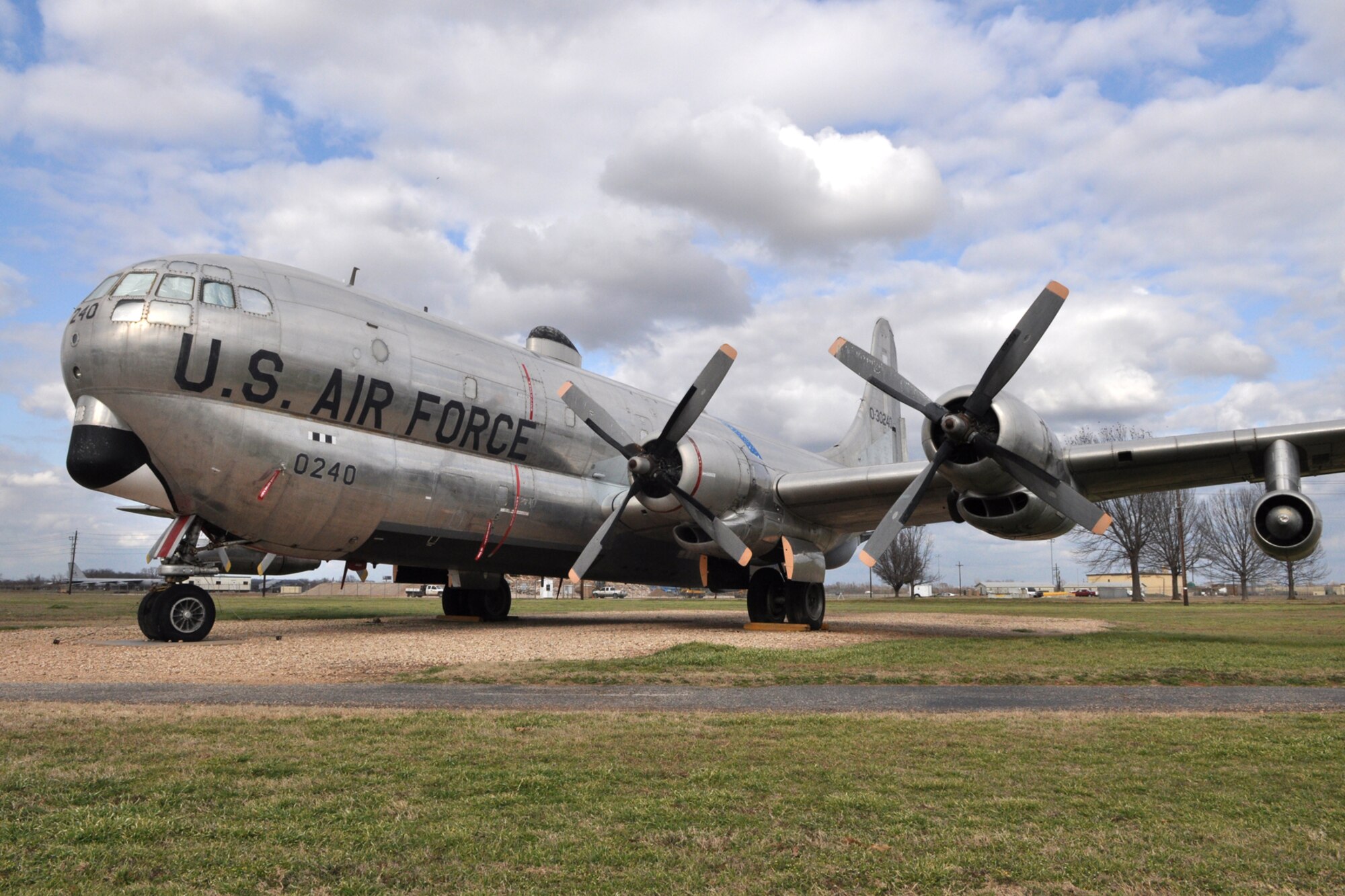 A Boeing KC-97 G/L "Stratofreighter" sits on display as part of the 8th Air Force Museum at Barksdale Air Force Base, La., Feb. 16, 2011. The aircraft was manned by a crew of five and had a maximum speed of 400 mph, with a range of 2,300 miles. The first flight occurred on Nov. 15, 1944. A tanker version (KC-97) was introduced in 1950 using the "flying boom" refueling system. After 1956, USAF KC-97s were gradually replaced by KC-135 jet tankers, but some were modified for continued use in other roles. This particular aircraft arrived at the 8th Air Force Museum in 1980. A team of five, three from the 2nd Bomb Wing and two from the 917th Wing took a week to get the KC-97 ready for the flight to Barksdale from the DoD Salvage and Reclamation yard at Davis Monthan Air Force Base, Ariz., where it had been since 1975. (U.S. Air Force photo/Tech. Sgt. Jeff Walston) 