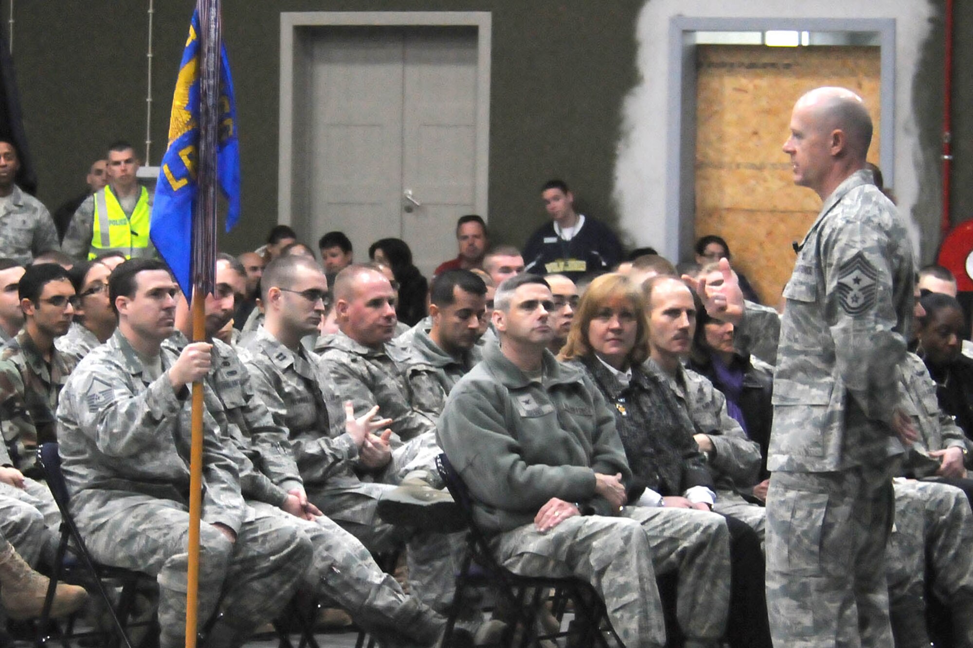 Chief Master Sgt. David Williamson, USAFE command chief, speaks to the Airmen of the 65th Air Base Wing at a commander’s call at Lajes Field, Azores, Feb. 16. Chief Williamson and Gen. Mark A. Welsh III, U.S. Air Forces in Europe commander, were on a two-day visit to the wing to see the men and women of Lajes Field, Azores, Feb. 15-16. This visit to Lajes was the team’s first to the wing after General Welsh took command of USAFE. (Photo by Guido Melo)
