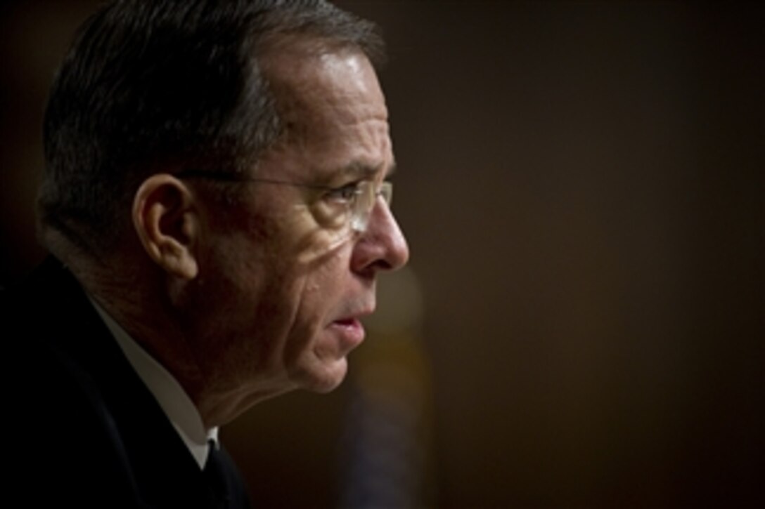 Chairman of the Joint Chiefs of Staff Adm. Mike Mullen, U.S. Navy, testifies at a hearing of the Senate Armed Services Committee on the 2012 Budget Request for the DoD at Dirksen Senate Office Building in Washington, D.C., on Feb. 17, 2011.  