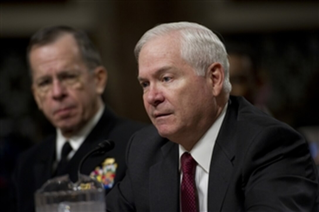 Secretary of Defense Robert M. Gates and Chairman of the Joint Chiefs of Staff Adm. Mike Mullen, U.S. Navy, testify at a hearing of the Senate Armed Services Committee on the 2012 Budget Request for the DoD at Dirksen Senate Office Building in Washington, D.C., on Feb. 17, 2011.  