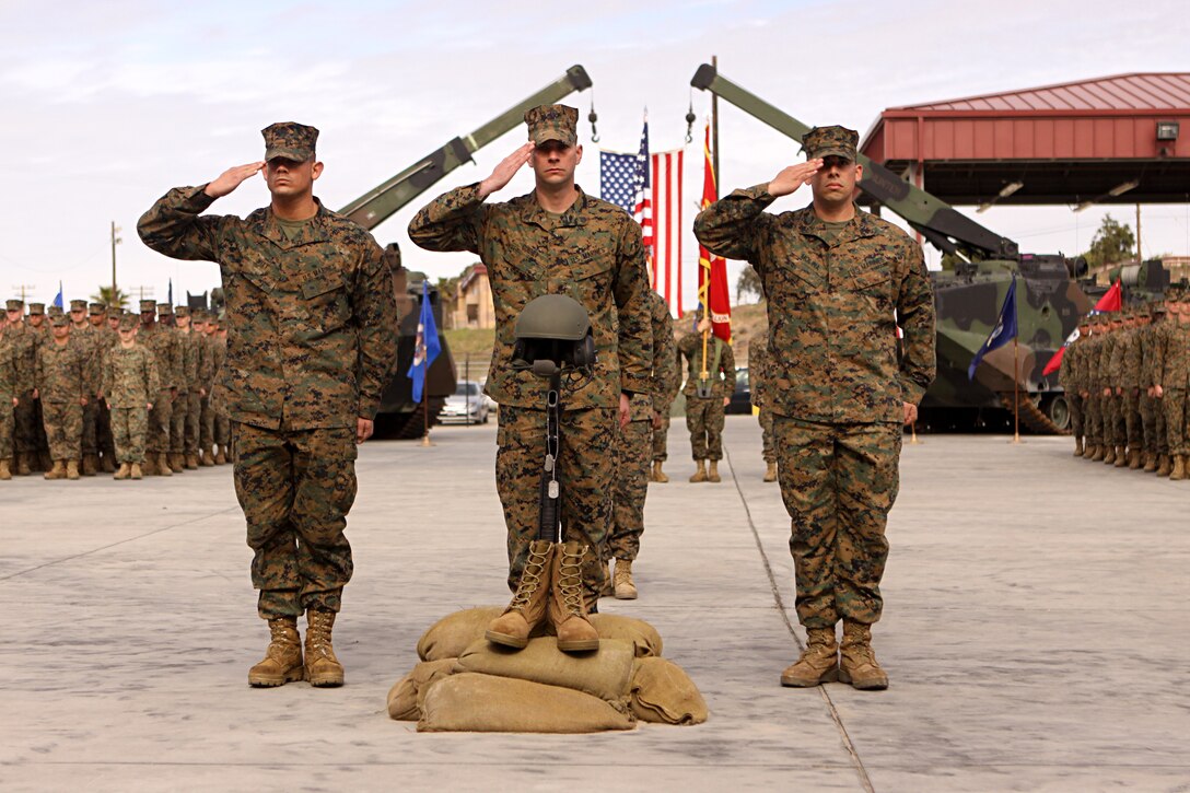 Sergeants Christopher Witt, Arthur Guidry and Victor Molina, all amtrackers with Assault Amphibian School Battalion, salute Sgt. Wesley J. Rice’s memorial during a service commemorating their fallen brother-in-arms, Feb. 18. Rice, 27, died after the amphibious assault vehicle he and five other Marines were riding in at Camp Pendleton’s Del Mar Boat Basin, said base officials.