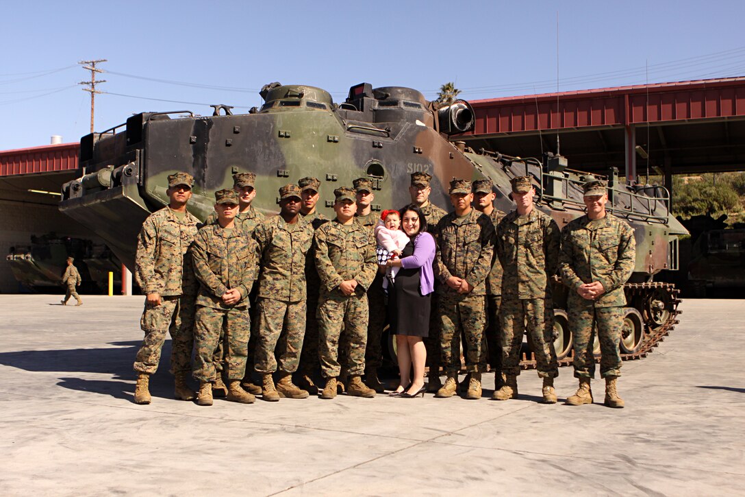 The Assault Amphibian School Battalion, Team #1, along with wife of Sgt. Wesley J. Rice, Lesley Rice and daughter Gabrielle Rice, attended Sgt. Rice’s memorial service, Feb. 18. Rice, 27, died after the amphibious assault vehicle he and five other Marines were riding in at Camp Pendleton’s Del Mar Boat Basin, said base officials.