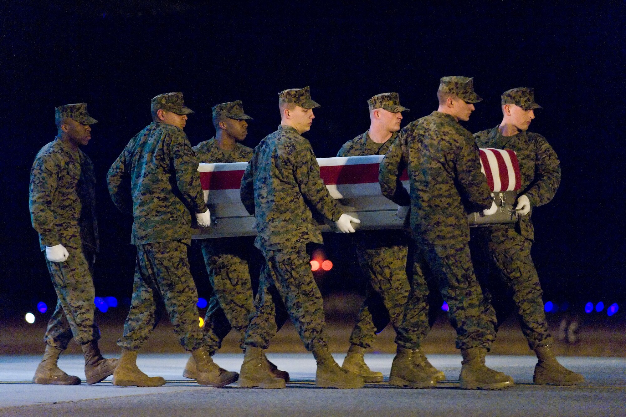 A U.S. Marine Corps carry team transfers the remains of Marine LCpl. Andrew P. Carpenter, of Columbia, Tenn., at Dover Air Force Base, Del., Feb. 20, 2011.  (U.S. Air Force photo/Roland Balik)
