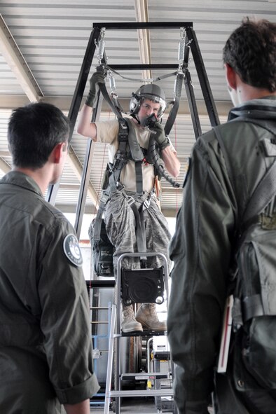 Master Sgt. Aaron McConeghey (middle), of the 132nd Fighter Wing (132FW), Des Moines, Iowa Air Flight Equipment shop, instructs PLTOFF Mark Hannington (left) and FLGOFF Jono Pearson (right) of the Royal Australian Air Force (RAAF) on how to properly use the parachute and harness in the event of emergency eject from an F-16 aircraft on February 22, 2011. The 132FW is currently deployed for Dissimilar Air Combat Training mission, "Sentry Down Under", with the RAAF at Williamtown, Australia. (US Air Force photo/Staff Sgt. Linda E. Kephart) (Released)