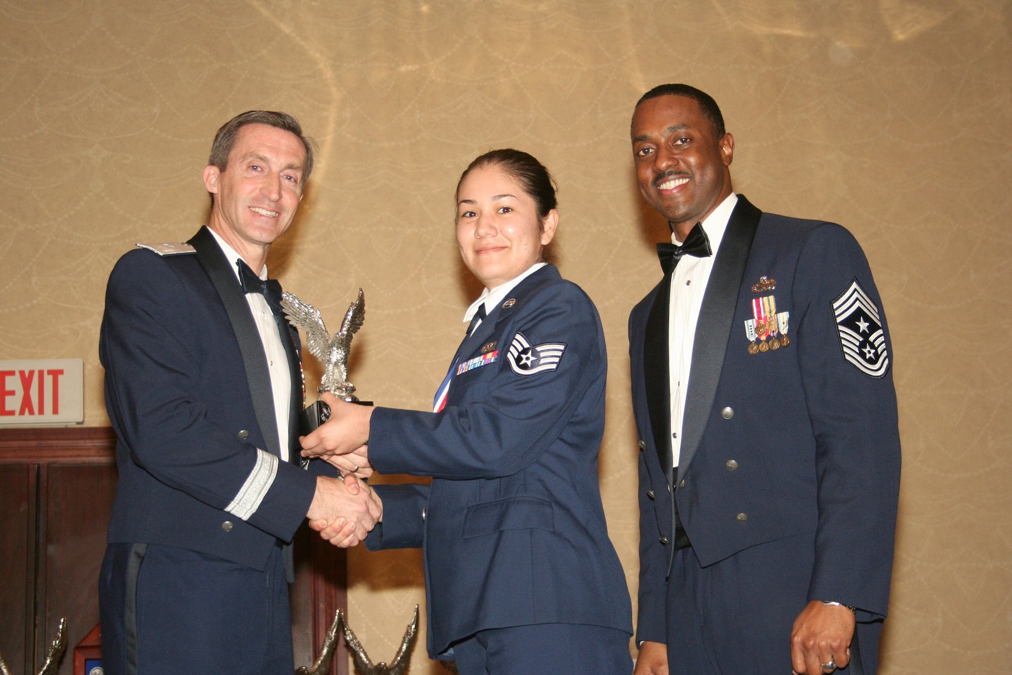 Staff Sgt.  Viviana M. Molina, center, receives the 301st Fighter Wing's 2010 Airman of the Year Award at the wing's annual awards banquet, Feb. 19, 2011, at the Fort Worth, Texas, Hilton.  Presenting the award is Brig. Gen. Ronald B. Miller, left, 301 FW commander; and Command Chief Master Sgt. Elroy Combs, Jr.  Sergeant Molina is from the 73rd Aerial Port Squadron and was one of six award recipients honored at the event.  (U.S. Air Force photo/Staff Sgt. Chris Bolen)