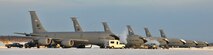 A row of KC-135 Stratotankers sit on the flight line at Eielson Air Force Base, Alaska, Feb. 22, 2011. The Stratotanker is a refueler capable of carrying up to 200,000 pounds of transferable fuel.The KC-135's are assigned to the 168th Air Refueling Wing, Alaska Air National Guard. (U.S. Air Force photo/Staff Sgt. Christopher Boitz)