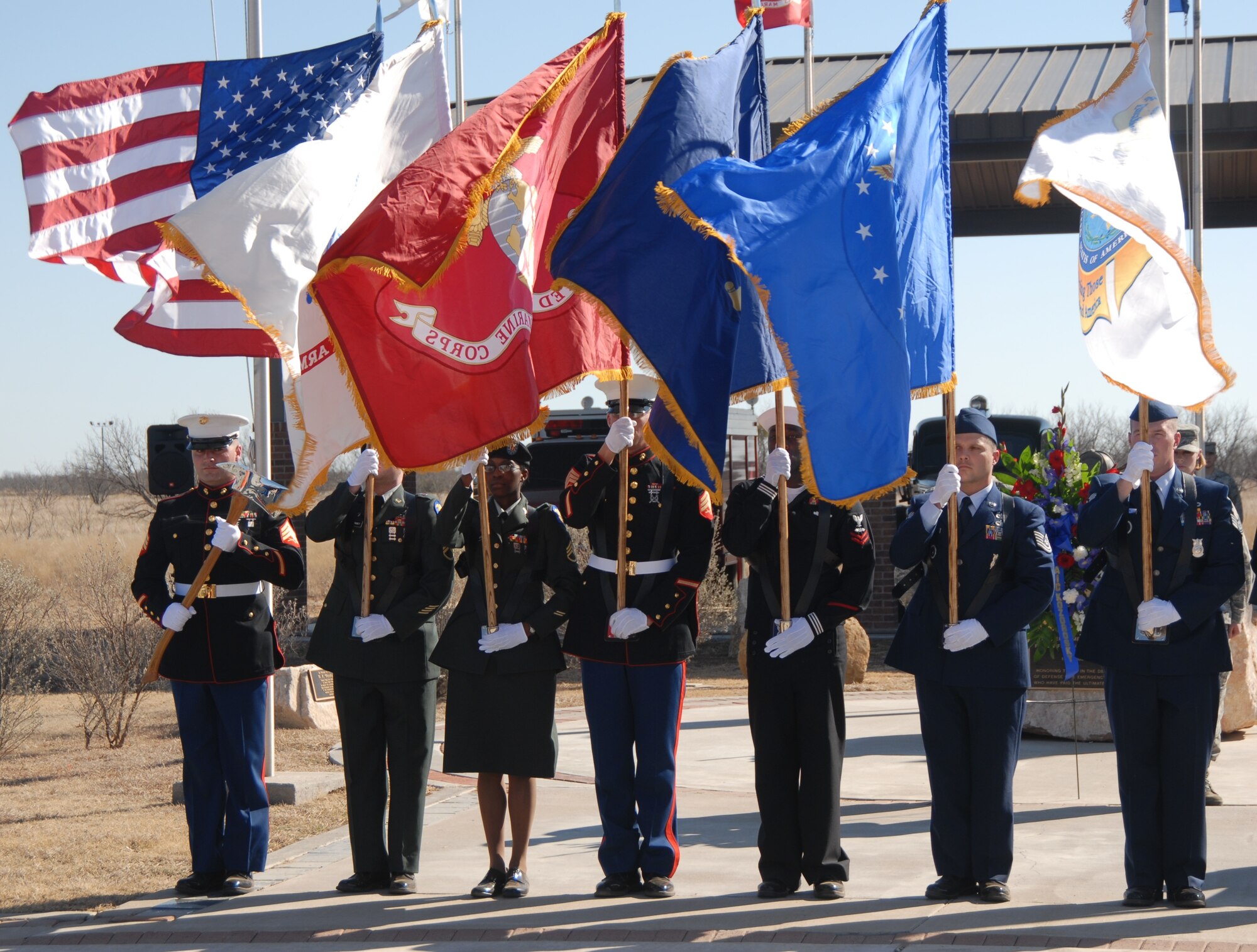 GOODFELLOW AIR FORCE BASE, Texas – The Joint Color Guard posts the Colors during a memorial service held in honor of Airman 1st Class Derek Kozorosky, a firefighter stationed at Kadena Air Force Base, Okinawa, Japan. Airman Kozorosky died Feb. 11, following a tragic vehicle backing incident at the Kadena Headquarters Fire Station. (U.S. Air Force photo/Airman 1st Class Anne Gathua) 