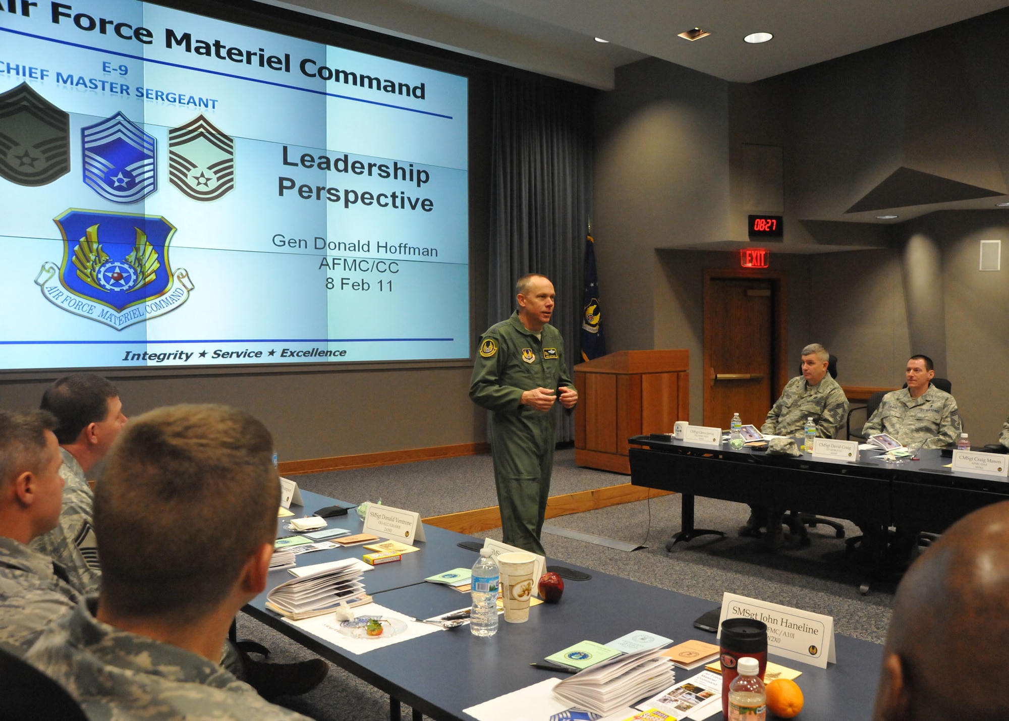 Gen. Donald Hoffman, Air Force Materiel Command Commander, presents his Leadership Perspective at the 2011 AFMC Chiefs' Orientation. (U.S. Air Force photo/Brendan Kavanaugh)