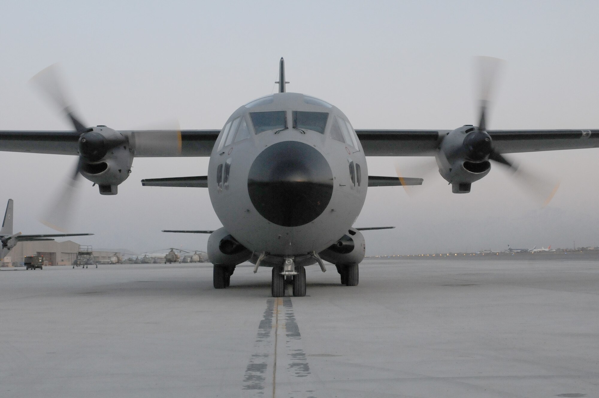 The 10th C-27A Spartan to join the Afghan air force comes to a rest with its propellers still spinning on the flight-line of the Afghan Air Force Base Feb. 20, 2011, in Kabul. With the new C-27, the Afghan air force is halfway to its goal of 20 C-27A Spartans. (U.S. Navy photo/Petty Officer 2nd Class Vladimir V. Potapenko)