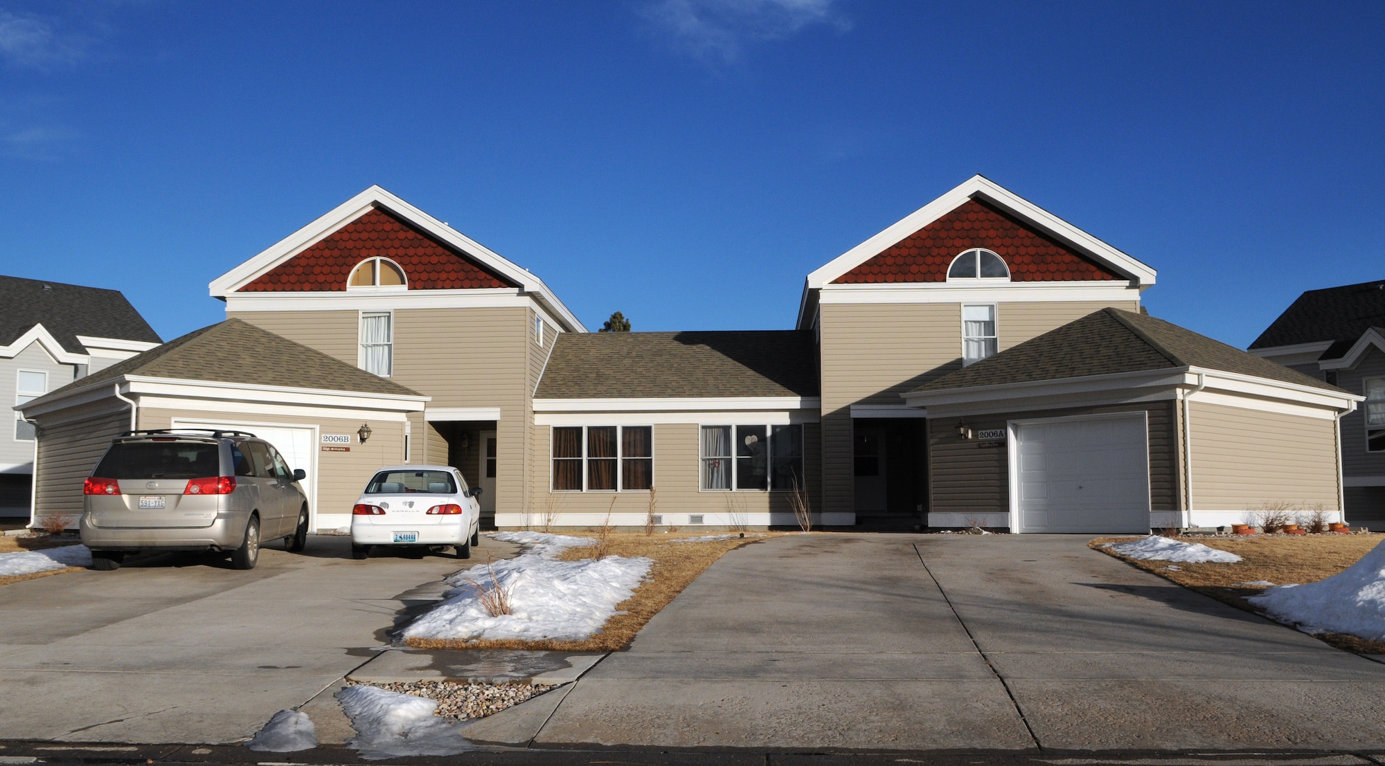 A duplex housing unit in the Atlas housing area on F. E. Warren Air Force Base, Wyo.  (U.S. Air Force photo by R.J. Oriez)