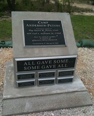 The Camp Anderson-Peters memorial, located at Lackland Air Force Base, Texas, is dedicated to vehicle operators and mechanics who have lost their lives in Iraq and Afghanistan. 