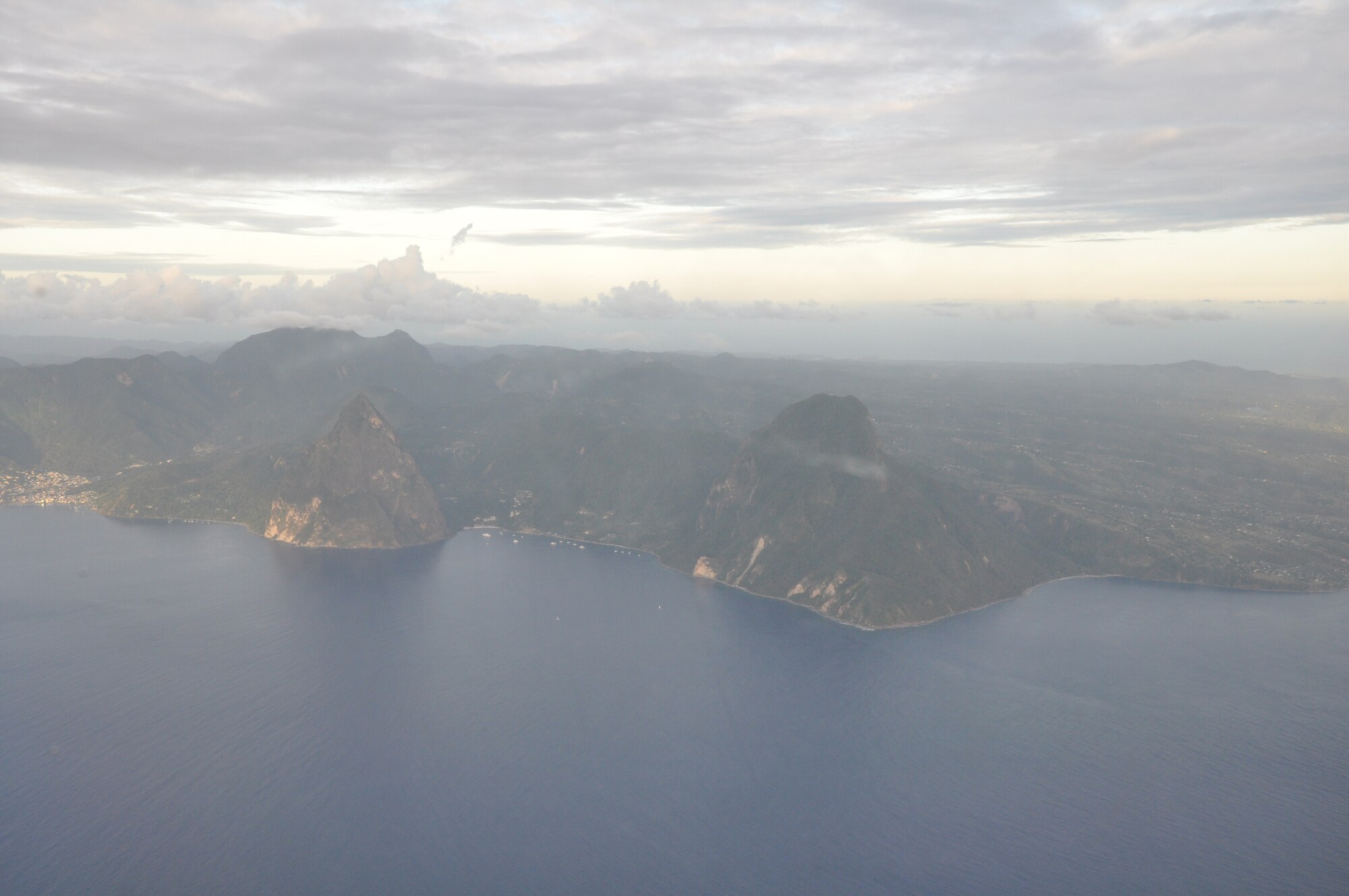 The view of St. Lucia from a C-17 Globemaster III.  Reservists from the 315th Airlift Wing at Charleston Air Force Base deliver humanitarian aid to the Island nation of St. Lucia.  The C-17 delivered more than 11,000 pounds of supplies during the mission. (U.S. Air Force Photo\Capt. Wayne Capps)