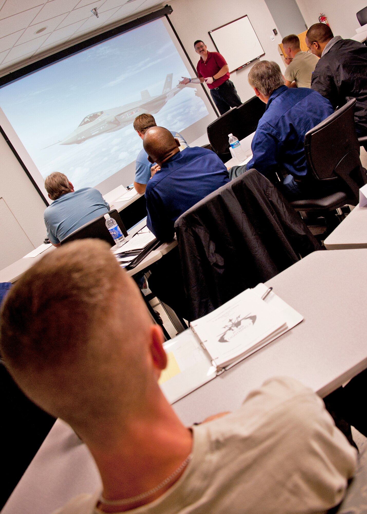 Airmen and civilian contractors attend cadre-training classes for the F-35.  Many of the maintainers have already attended F-35 propulsion and Autonomic Logistics Information System familiarization courses.  (U.S. Air Force photo/Samuel King Jr.)