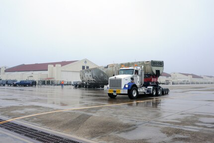Randolph Air Force Base, Texas, 19 Feb 11:   A Boeing C-17 cargo plane fuselage arrives on the Randolph flight nline as its being delivered  to the base. The convoy assembled to transport the C-17 at 7 a.m.  It will be developed into training tool for aeromedical missions over the next year and then transported to Wright-Patterson AFB, Ohio. (U.S. Air Force photo/Rich McFadden