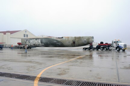 Randolph Air Force Base, Texas, 19 Feb 11:   A Boeing C-17 cargo plane fuselage arrives on the Randolph flight nline as its being delivered  to the base. The convoy assembled to transport the C-17 at 7 a.m.  It will be developed into training tool for aeromedical missions over the next year and then transported to Wright-Patterson AFB, Ohio. (U.S. Air Force photo/Rich McFadden