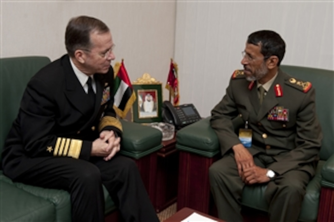 Chairman of the Joint Chiefs of Staff Adm. Mike Mullen, U.S. Navy, meets with Chief of Staff of the UAE Armed Forces Lt. General Hamad Mohammed Thani Al Rumaithi in Abu Dhabi, United Arab Emirates, on Feb. 21, 2011.  Mullen is on a weeklong trip through the Middle East to reassure friends and allies of the U.S. commitment to regional stability.  