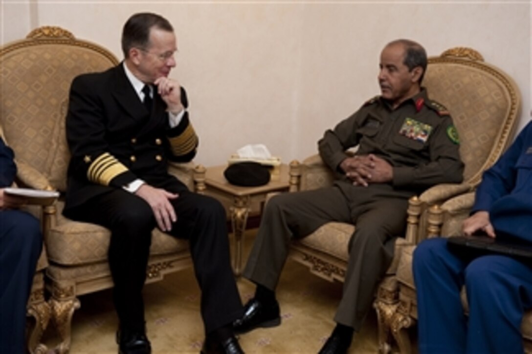 Chairman of the Joint Chiefs of Staff Adm. Mike Mullen, U.S. Navy, meets with Deputy Chief of the Saudi General Staff Lt. Gen. Husein Al-Qubail in Riyadh, Saudi Arabia, on Feb. 21, 2011.  Mullen is on a weeklong trip through the Middle East to reassure friends and allies of the U.S. commitment to regional stability.  