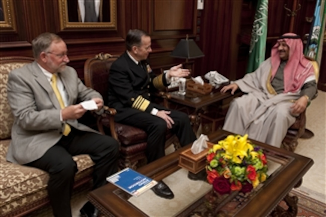 U.S. Ambassador to Saudi Arabia James Smith and Chairman of the Joint Chiefs of Staff Adm. Mike Mullen, U.S. Navy, meet with Saudi Arabian Assistant Minister of Defense and Aviation Prince Khalid bin Sultan in Riyadh on Feb. 21, 2011.  Mullen is on a weeklong trip through the Middle East to reassure friends and allies of the U.S. commitment to regional stability.  