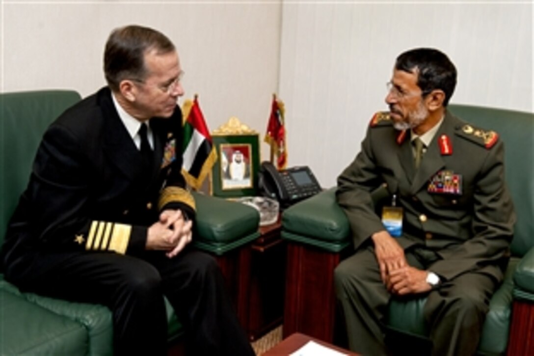 U.S. Navy Adm. Mike Mullen, chairman of the Joint Chiefs of Staff, meets with United Arab Emirates Chief of Staff Lt. Gen. Hamad Mohammed Thani Al Rumaithi in Abu Dhabi, United Arab Emirates, Feb. 22, 2011. Mullen is on a weeklong trip through the Middle East to reassure friends and allies of the U.S. commitment to regional stability.