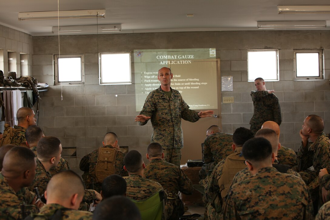 “Doc” Willis Paul teaches and keeps the Marines of 4th Tank Battalion, Headquarters and Service Company, Detachment 4, engaged with knowledge and humor during his Combat Lifesaver Course classes, Feb. 22-24.