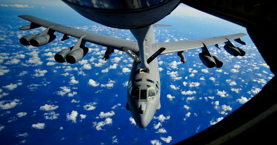 A U.S. Air Force B-52 Stratofortess is being refueled by a KC-135 Stratotanker from the 506th Expeditionary Air Refueling Squadron   during Cope North Exercise, Feb. 22, 2011.  The  U.S. Air Force and Japanese Air Self-Defense Force conduct Cope North annually at Andersen Air Force Base, Guam, to increase combat readiness and interoperability concentrating on coordination and evaluation of air tactics, techniques and procedures. (U.S. Air Force photo by Staff Sgt. Angelita M. Lawrence/Released)
