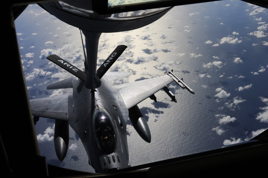 ANDERSEN AIR FORCE BASE, Guam -- An F-16 Fighting Falcon performs an air-refueling mission over Guam Feb. 23, during the exercise COPE NORTH 11-1. The U.S. Air Force and Japan Air Self-Defense force are conducting the exercise in an effort to increase interoperability between the two nations. This will be the 11th time the U.S. and Japan have held a COPE NORTH exercise on Guam and is the largest in scope to date. (U.S. Air Force photo/ Senior Airman Carmin Leslie)