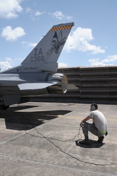 Staff Sgt. Cory Weaver, Crew Chief for the 132nd Fighter Wing (132FW), Des Moines, Iowa, works on the flight line of the Royal Australian Air Force (RAAF) Base, Williamtown, Australia and communicates on a comm. chord with the pilot of an F-16 C+ aircraft in preparation to launch for joint flying mission, "Sentry Down Under", on February 23, 2011.  The 132FW and RAAF F-18s are currently involved in Dissimilar Air Combat Training in Australia.  (US Air Force photo/Staff Sgt. Linda E. Kephart)(Released)