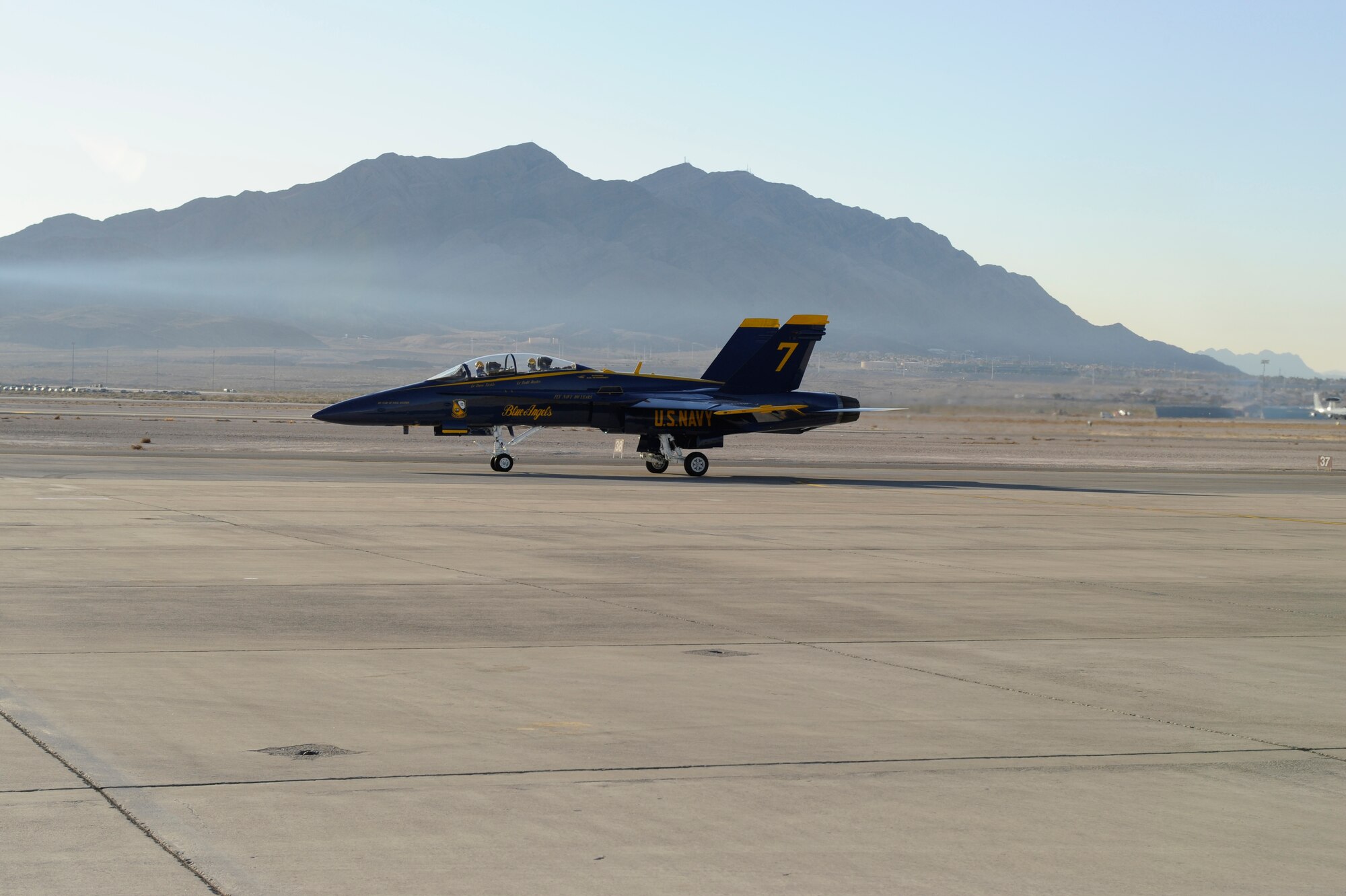 U.S. Navy Blue Angels Lt. Ben Walborn and Lt. Rob Kurrle, arrive at Nellis Air Force Base, Nev., Feb. 23, 2011.
(U.S. Air Force Photo/Staff Sgt. Richard Rose Jr.)