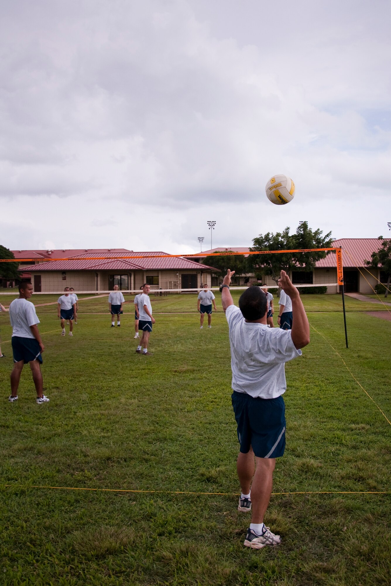 Members of the 48th Aerial Port Squadron, Joint Base Pearl Harbor-Hickam, Hawaii, play a game of volleyball, Feb. 13, as part of their wingman day activities. The theme for Wingman Day 2011 was resiliency and unit members received briefings as and participated in various team building exercises. This annual event allows Airmen to step back from their day-to-day Reserve duties and focus on taking care of each other as wingmen. (U.S. Air Force Photo/Staff Sgt. Erin Smith) 