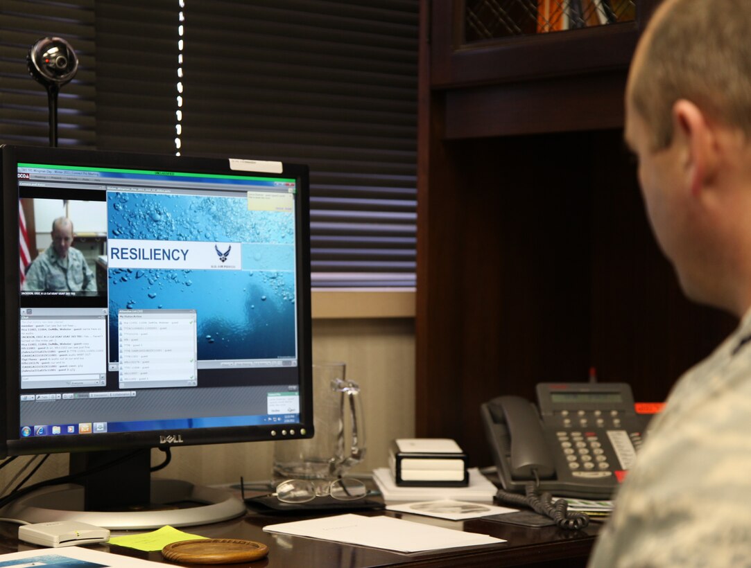 Lt. Col. Eric Jackson, 356th Training Squadron commander, briefs his Airmen Feb. 18 during Winter Wingman Day, using Defense Connect Online. Using DCO, Colonel Jackson was able to reach his Airmen who are scattered through many facilities and work various shifts. The tool offers video, audio, chat and slide presentation capabilities. The colonel also saved the Airmen nearly an hour of valuable training time by having them report directly to small designated groups instead of having all the Airmen meet in one designated location. (U.S. Air Force photo/Airman 1st Class Adawn Kelsey)