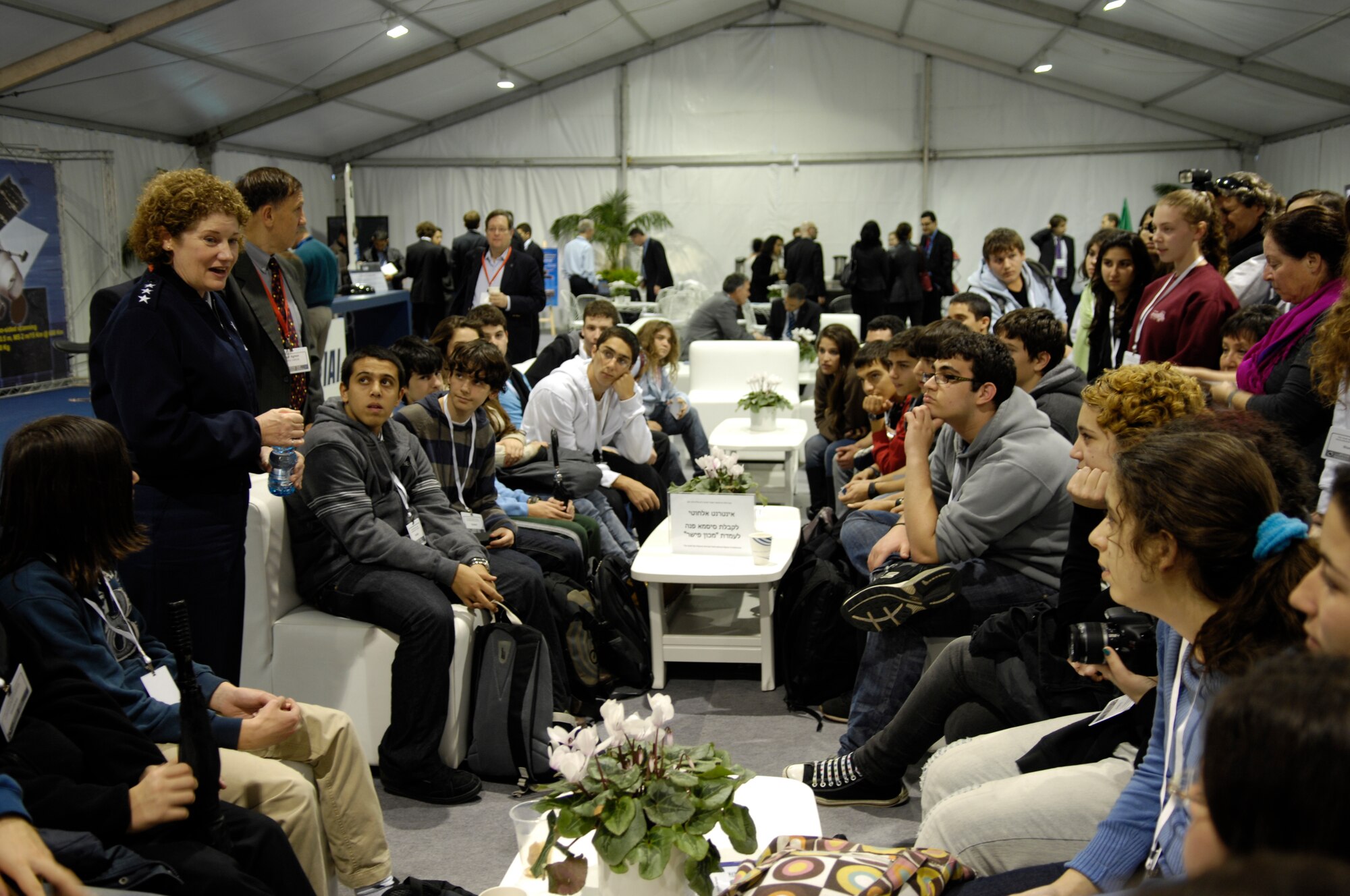 Lt. Gen. Susan Helms, commander of U.S. Strategic Command's Joint Functional Component Command for Space, speaks with students at the Sixth Annual Ilan Ramon International Space Conference in Tel-Aviv, Israel, Jan. 30, 2011. The students used this opportunity to ask the general questions about her assignment as an astronaut with NASA. During her two-day visit to Tel-Aviv, General Helms delivered a keynote speech at the conference and met with Israeli military leaders. (U.S. Air Force photo/Major Stacie N. Shafran)
