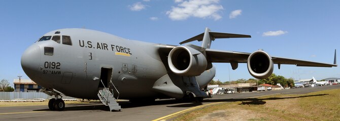 JOINT BASE CHARLESTON, S.C. -- A C-17 Globemaster III from Altus Air Force Base, Okla., on the flight line of Managua Airport, Nicaragua. The crew from the 58th Airlift Squadron delivered food to Managua in support of humanitarian operations Feb. 20. The delivery was possible because of the Denton Program, which allows donors to use space available on U.S. military cargo aircraft to transport humanitarian goods and equipment to countries in need. (U.S. Air Force photo by Airman 1st Class Kenneth W. Norman)