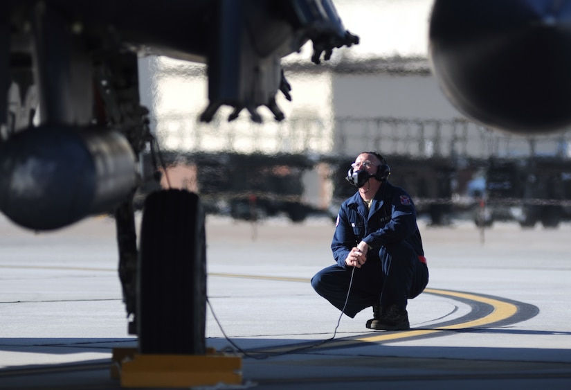 Senior Airman Matthew Sims visually inspects the F-15E Strike Eagle's engine during pre-flight inspections on the flightline Feb. 23, on Joint Base Charleston - Air Base, S.C. Pilots rely on the eyes and experience of crew chiefs to ensure all systems are go before taking off for training or a mission. Airman Sims is a crew chief with the 333rd Aircraft Maintenance Squadron from Seymour Johnson Air Force Base. (U.S. Air Force photo/Senior Airman Timothy Taylor) 