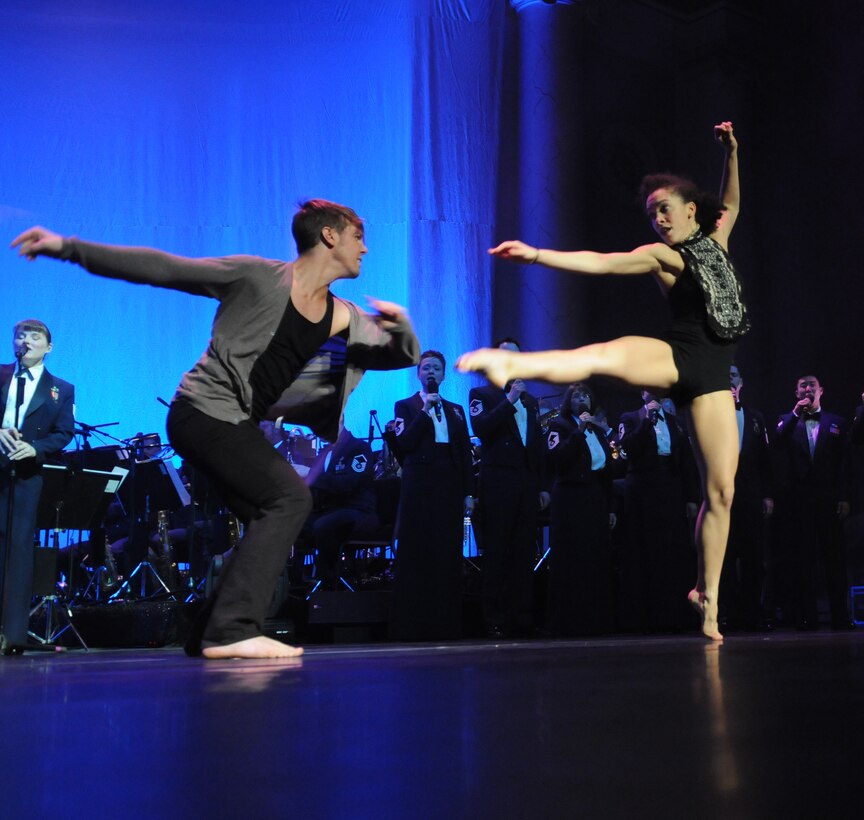 Television’s “So You Think You Can Dance” season two winner, Benji Schwimmer, dances along with the SYTYCD season three winner, Sabra Johnson, during The U.S. Air Force Band’s 2011 Guest Artist Series Feb. 20 at the DAR Constitution Hall, Washington, D.C. This was the first invitation to showcase the art of dance during the Guest Artist Series. (U.S. Air Force photo by Senior Airman Christopher Ruano)