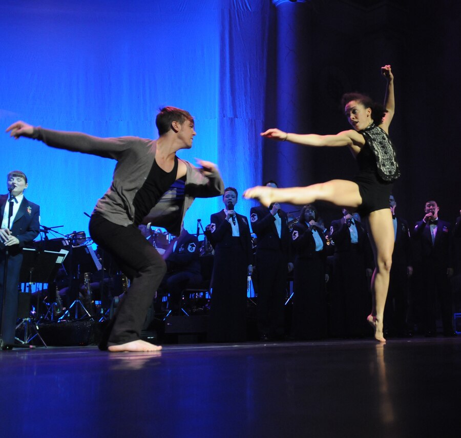 Television’s “So You Think You Can Dance” season two winner, Benji Schwimmer, dances along with the SYTYCD season three winner, Sabra Johnson, during The U.S. Air Force Band’s 2011 Guest Artist Series Feb. 20 at the DAR Constitution Hall, Washington, D.C. This was the first invitation to showcase the art of dance during the Guest Artist Series. (U.S. Air Force photo by Senior Airman Christopher Ruano)