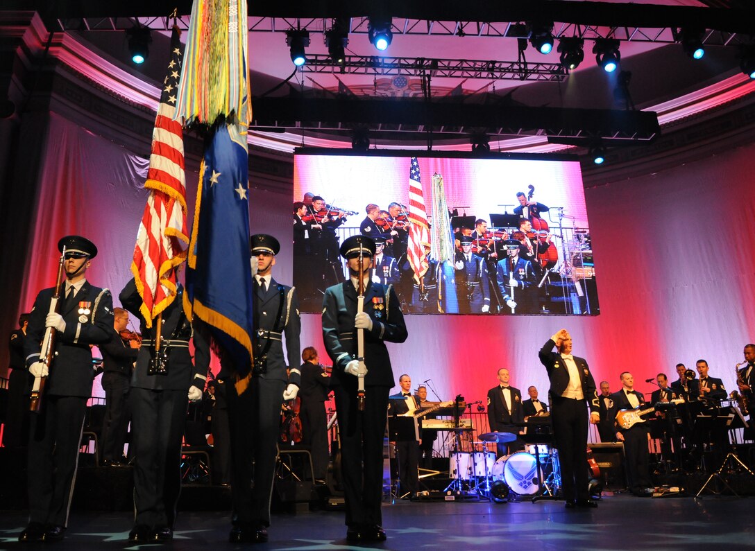 Members of The U.S. Air Force Honor Guard colors team present the colors during The U.S. Air Force Band's 2011 Guest Artist Series Feb. 20 at the Daughters of the American Revolution Constitution Hall, Washington, D.C. The USAF Honor Guard is invited to present the nations colors before each band performance. (U.S. Air Force photo by Senior Airman Christopher Ruano)